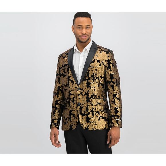 INC Milan Gold Floral Sequin Black Velvet Slim Fit Sport Coat Suit Jacket Large - Picture 1 of 16